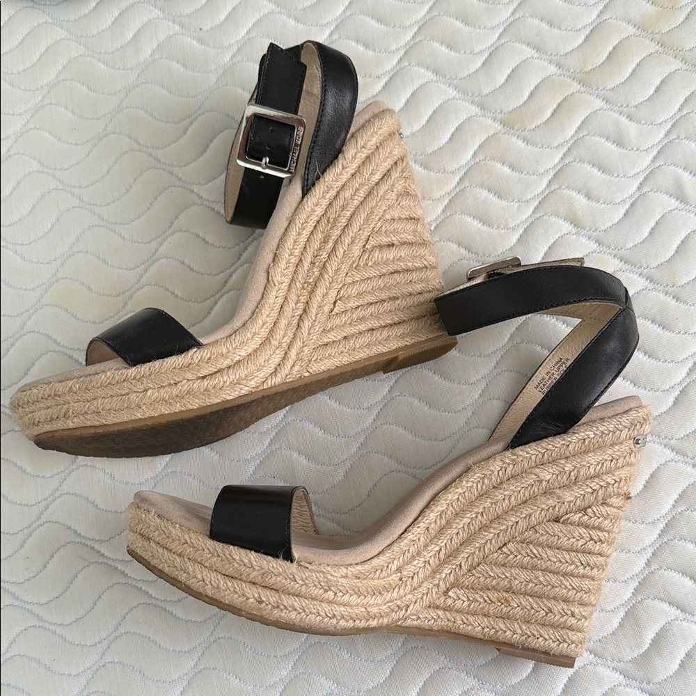 Michael Kors Black and Tan Wedge Espadrille Sandals